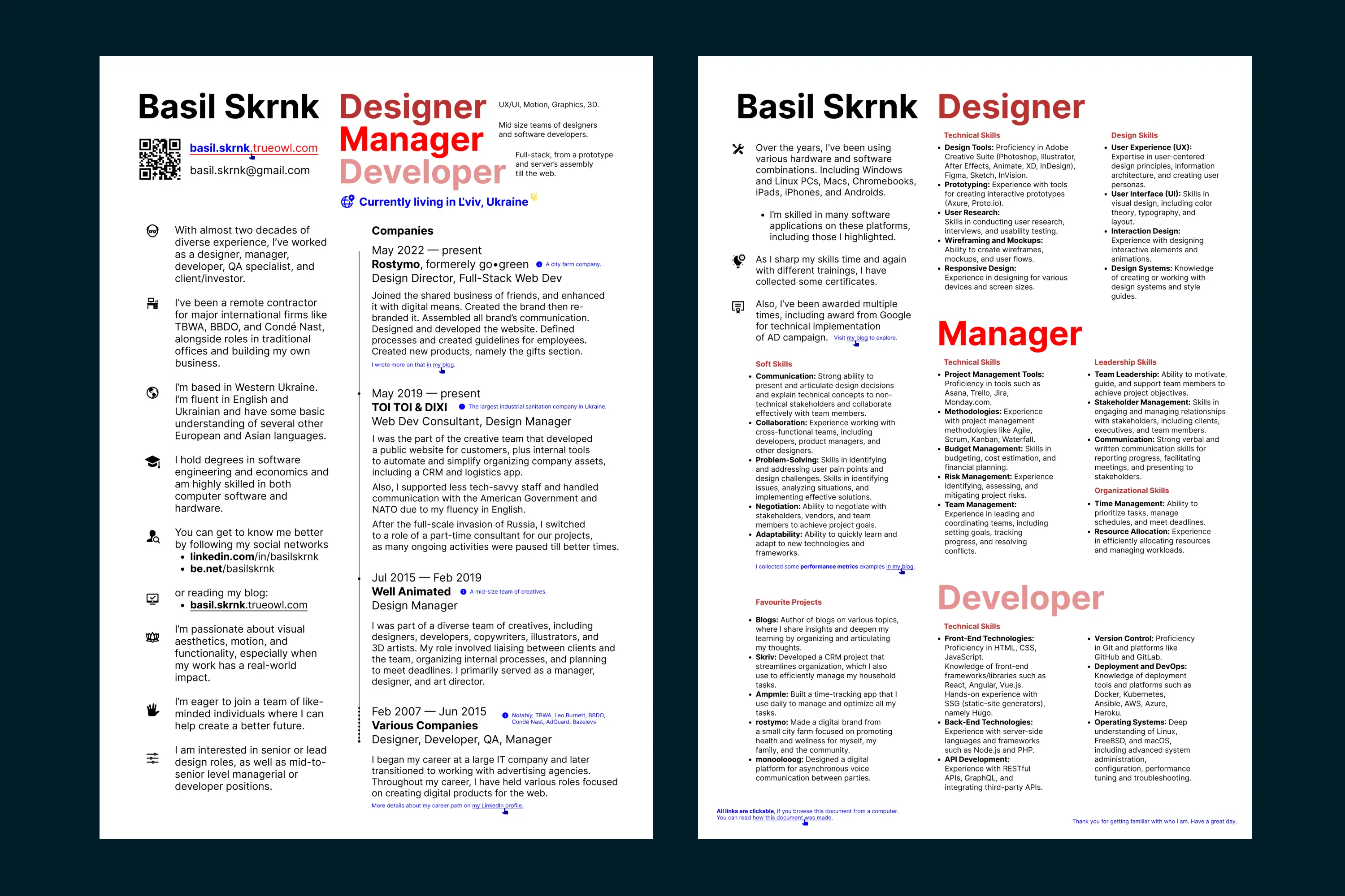 Printed hard-copy (PDF) preview of Basil Skrnk’s CV (resume)